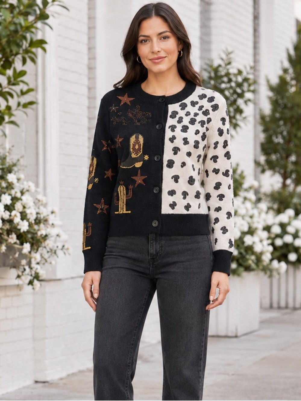 NEW blue b Black Tan Horse Cowboy Boot Animal Sequin Button Up Cardigan Sweater